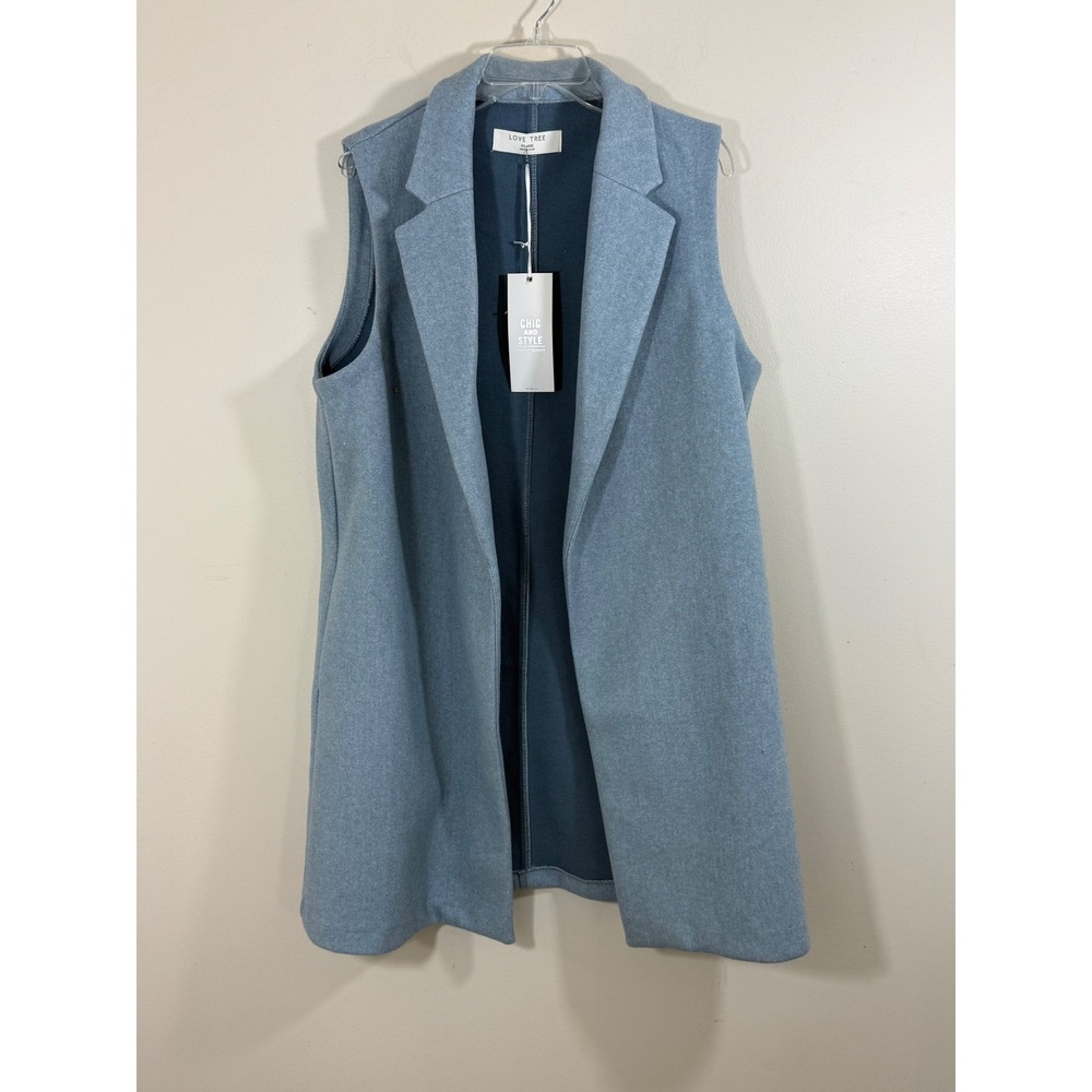 NWT Love Tree Long Vest Duster W XL Light Blue Open Front Layering Quiet Luxury